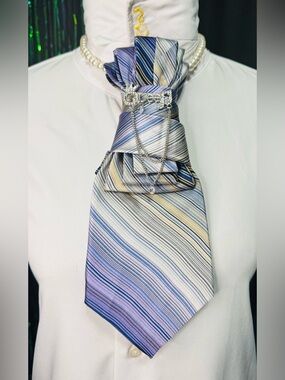 Striped Blue and Silver Necktie with Queen Charm Brooch